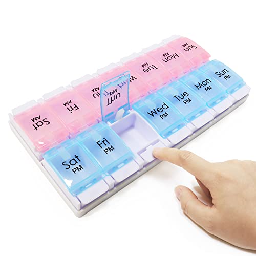 Large 7 Day Pill Organizer 2 Times a Day, AM PM Pill Box Twice Daily, 14 Dividers Vitamin Holder with Easy Push Button