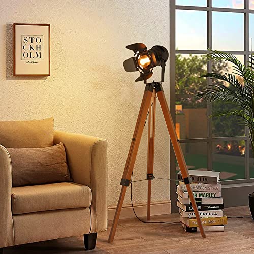 Industrial Tripod Floor Lamp for Living Room, Vintage Standing Reading Lamp with Metal Wood Leg A791