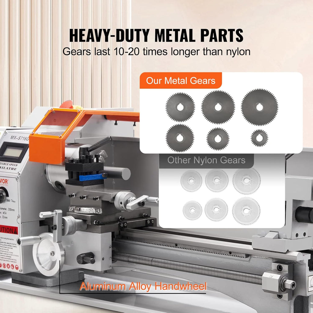Mini Metal Lathe Machine, 7 x 16 Inch, 800W Benchtop Power Lathe, 150-2500 RPM Variable Speed X459