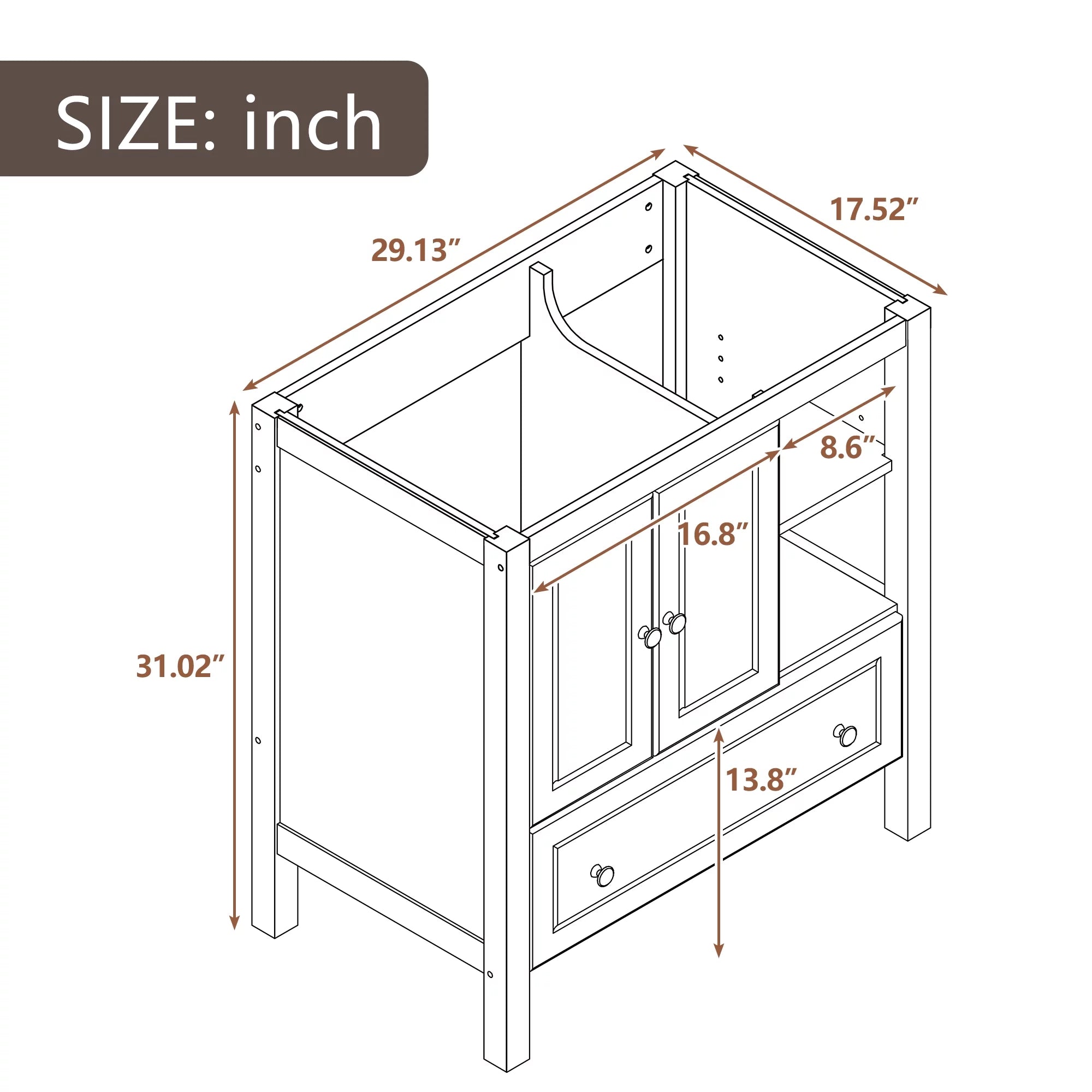 Bathroom Vanity Base with Doors and Drawers, Solid Wood Frame, Grey C98870