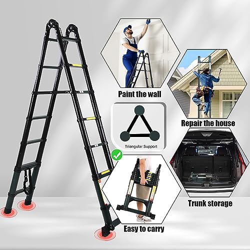 Telescoping Extension Ladder with Triangular Stabilizer, Foldable Aluminum, 330 lbs Load M192893
