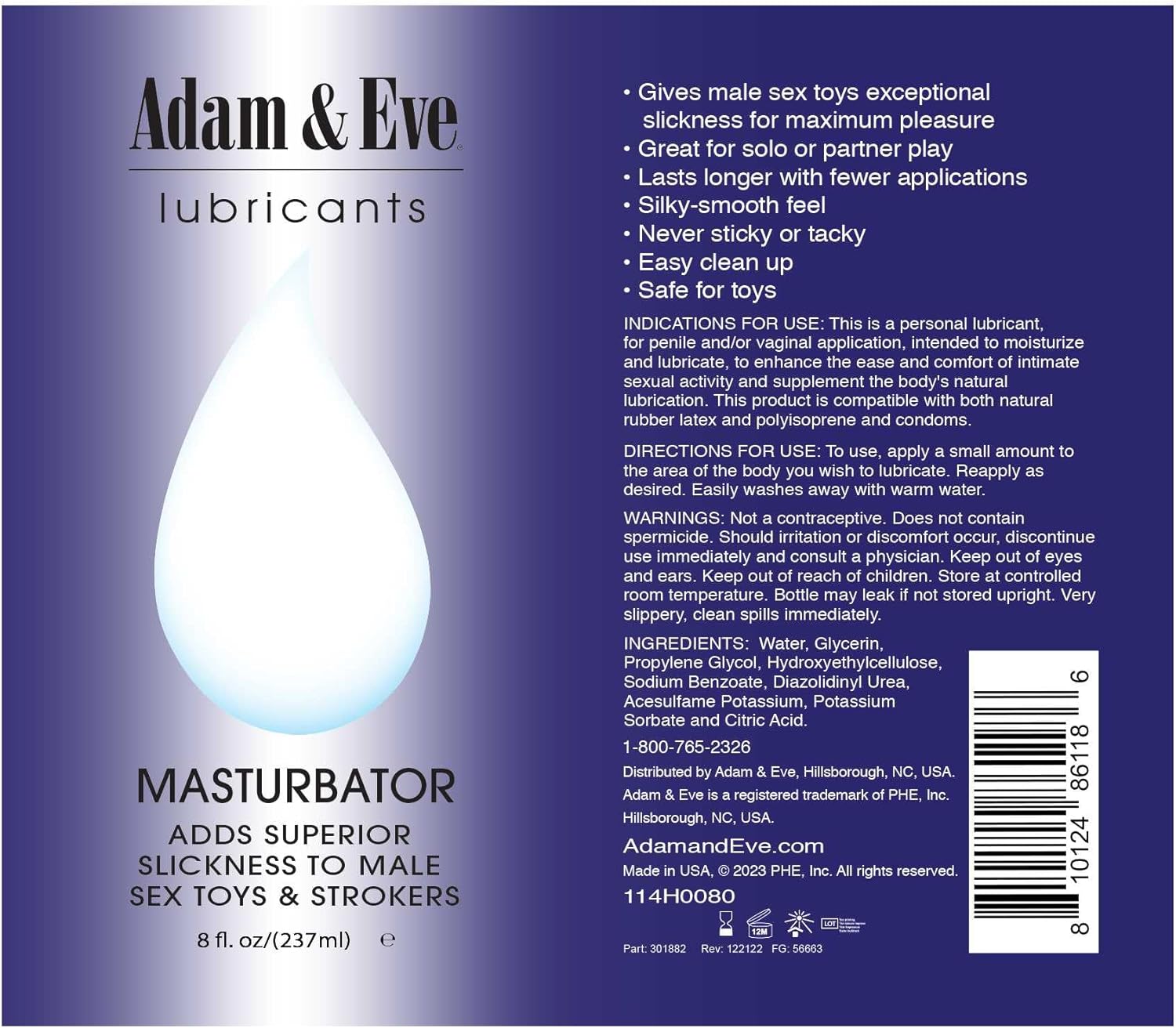 Water Based Personal Lubricant Gel for Toys and Strokers, Latex Safe, Non-Staining, 8oz T807
