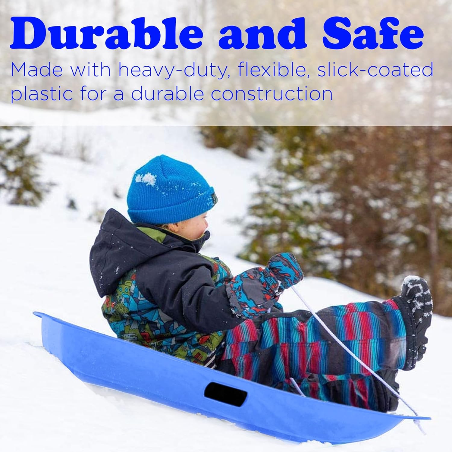 Plastic Toboggan Snow Sled with Handles and Pull Rope, Blue (3 Pack) P206