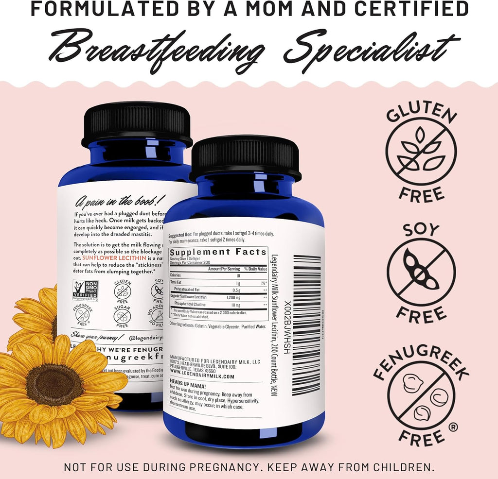 Sunflower Lecithin + Vitamin D3 & K2 Liquid Drops, Lactation Supplement for Clogged Milk Ducts & Milk Flow W30372