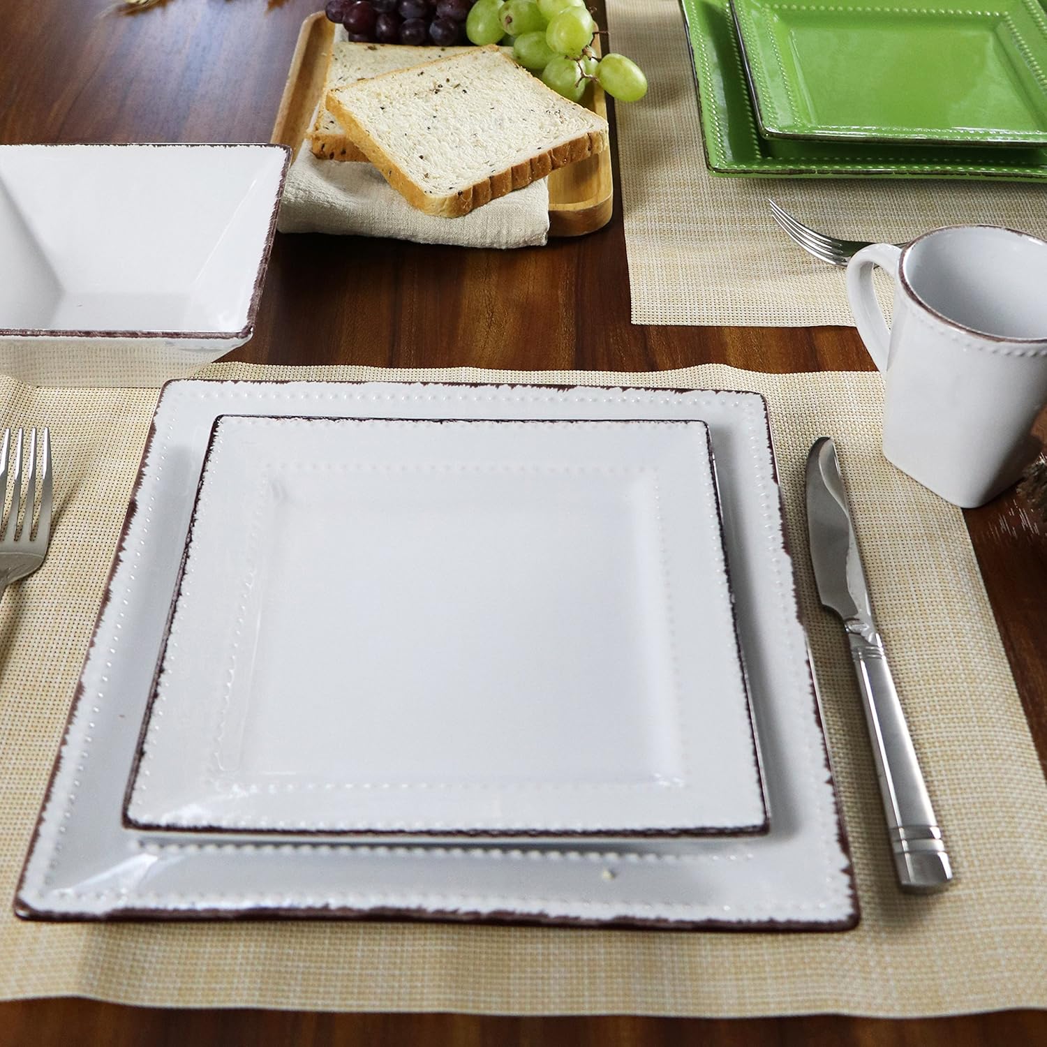Square Beaded Stoneware Dinnerware Set, 16 Piece, White T8597