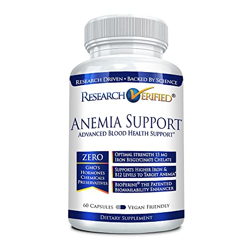 Research Verified Anemia Support - Replenish Iron, Regulate Hemoglobin, Improve Energy - Iron, Vitamin C, Vitamin A, B12, Folate, BioPerine - 60 capsules - Vegan