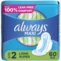 Always Maxi Feminine Pads for Women, Size 2 Long Super Absorbency, with Wings, Unscented, 60 Count