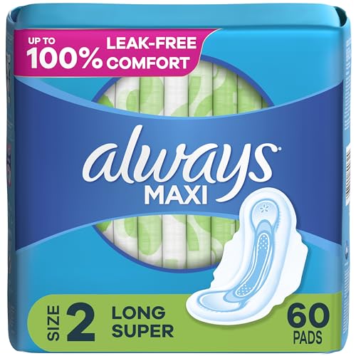 Always Maxi Feminine Pads for Women, Size 2 Long Super Absorbency, with Wings, Unscented, 60 Count