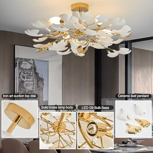 Gold Ceramic Ginkgo Leaf Semi Flush Mount Ceiling Light, 24 Inch O666194