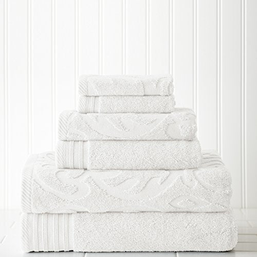 Modern Threads 6-Piece, 2 Bath Towels, 2 Hand Towels, 2 Washcloths, Medallion Jacquard/Solid Ultra Soft 550GSM 100% Combed Cotton Towel Set Soft Jade, Standard