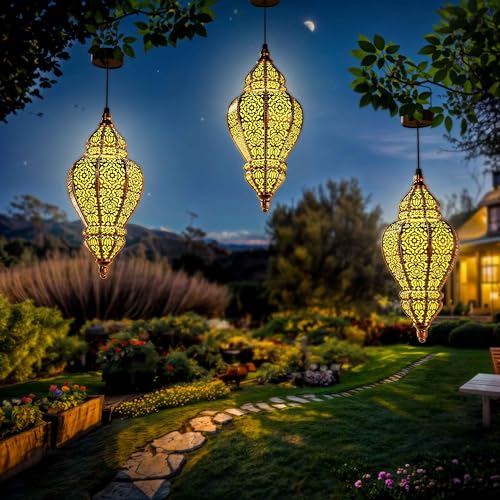 Hanging Solar Lights Outdoor Lantern Garden Decor Waterproof Plastic Gold I302199