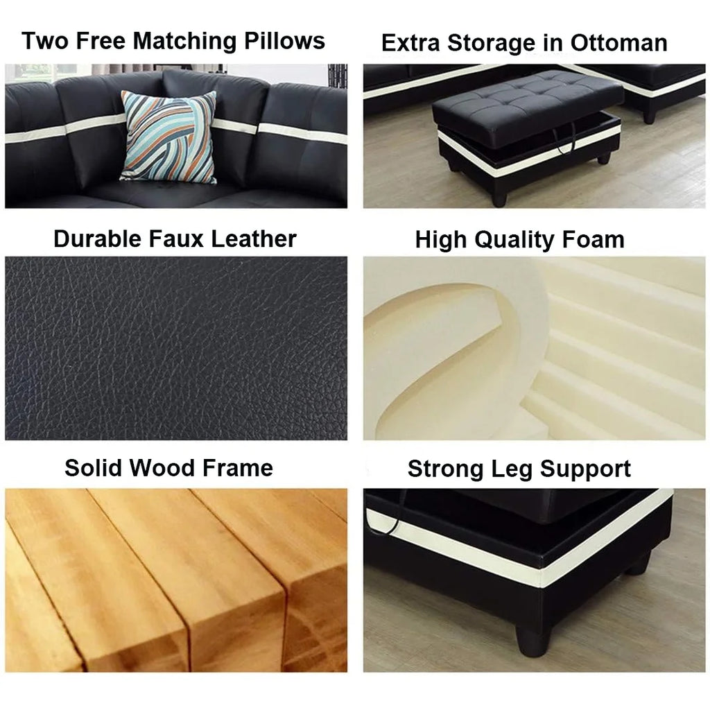 Leather Sectional Sofa Set, 3-Piece L-Shaped Couch with Chaise and Ottoman, Black A83234