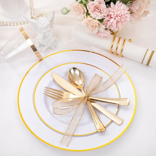 150 PCS Gold Plastic Plates Disposable Dinnerware Set with Cups for Party Wedding S565