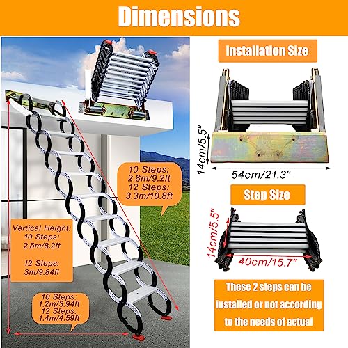 Folding Loft Ladder, 9.8 ft Wall Mounted Telescopic Attic Ladder, Al-Mg Alloy Pull Down Stairs with Adjustable Height P592