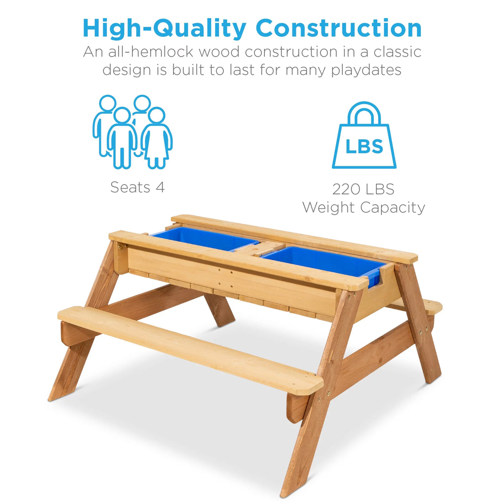 Kids 3-in-1 Outdoor Convertible Wood Activity Sand & Water Picnic Table with Umbrella F469