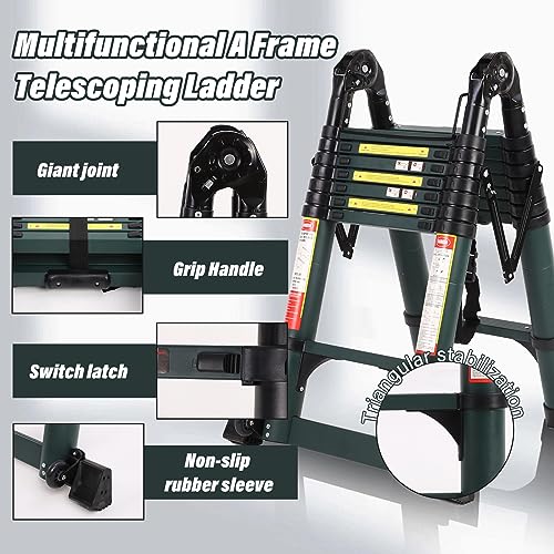 Telescoping Extension Ladder with Triangular Stabilizer, Foldable Aluminum, 330 lbs Load M192893