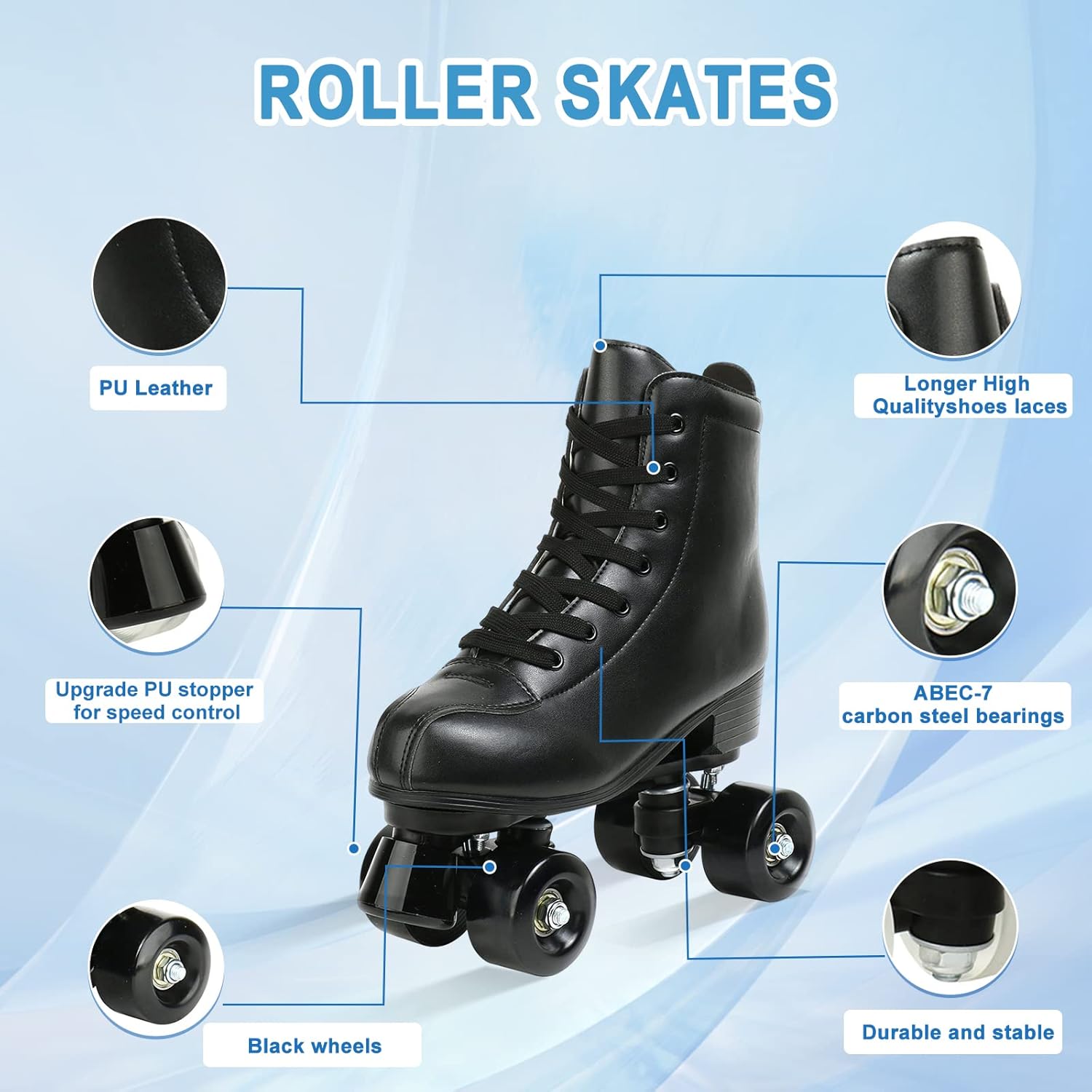 PU Leather Roller Skates for Women, Adjustable Four-Wheel D8699