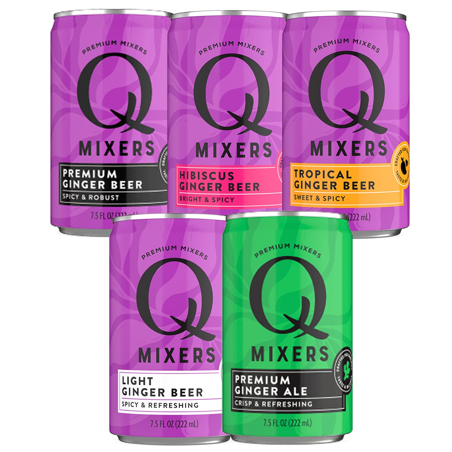 Q Mixers Mixed Pack 5 Pack Ginger Ale, Light Ginger Beer, Ginger Beer, Hibiscus Ginger Beer and Tropical Ginger Beer, Premium Cocktail Mixer Made with Real Ingredients 7.5oz Can