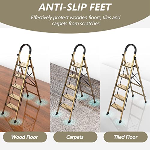 5 Step Ladder, Folding Step Stool, Lightweight Aluminum, Anti-Slip Wide Pedal F979769