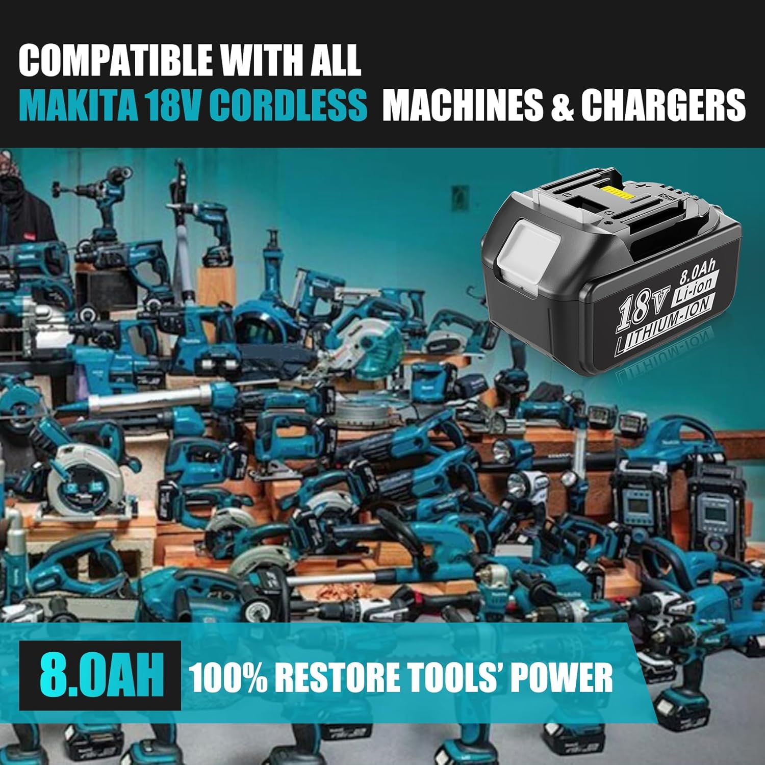 18V 8.0Ah Replacement Battery with LED Indicator for Cordless Power Tools R70540