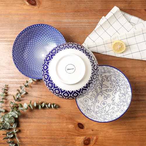 Ceramic Salad Bowl Set, 53 oz, 8 Inch, Stackable, Set of 3, Vintage Blue D421999