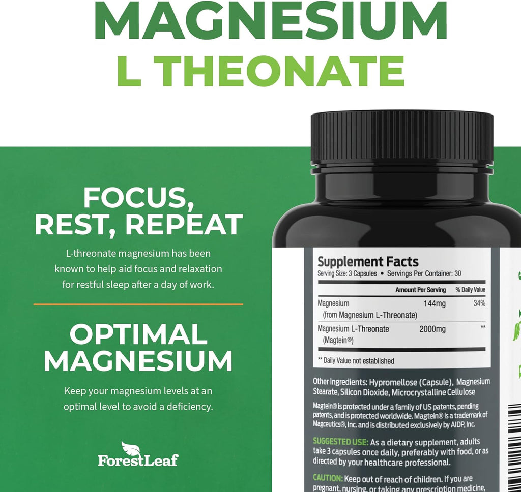 Magnesium L-Threonate Capsules 2000mg for Focus, Memory, Brain & Sleep Support A1237