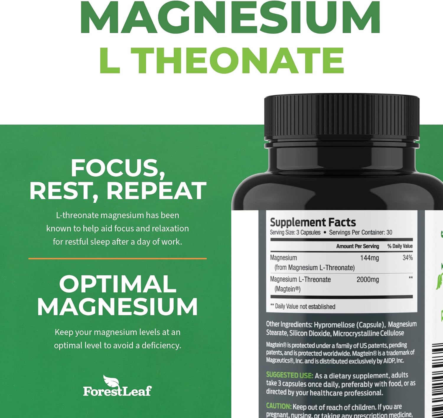 Magnesium L-Threonate Capsules 2000mg for Focus, Memory, Brain & Sleep Support A1237