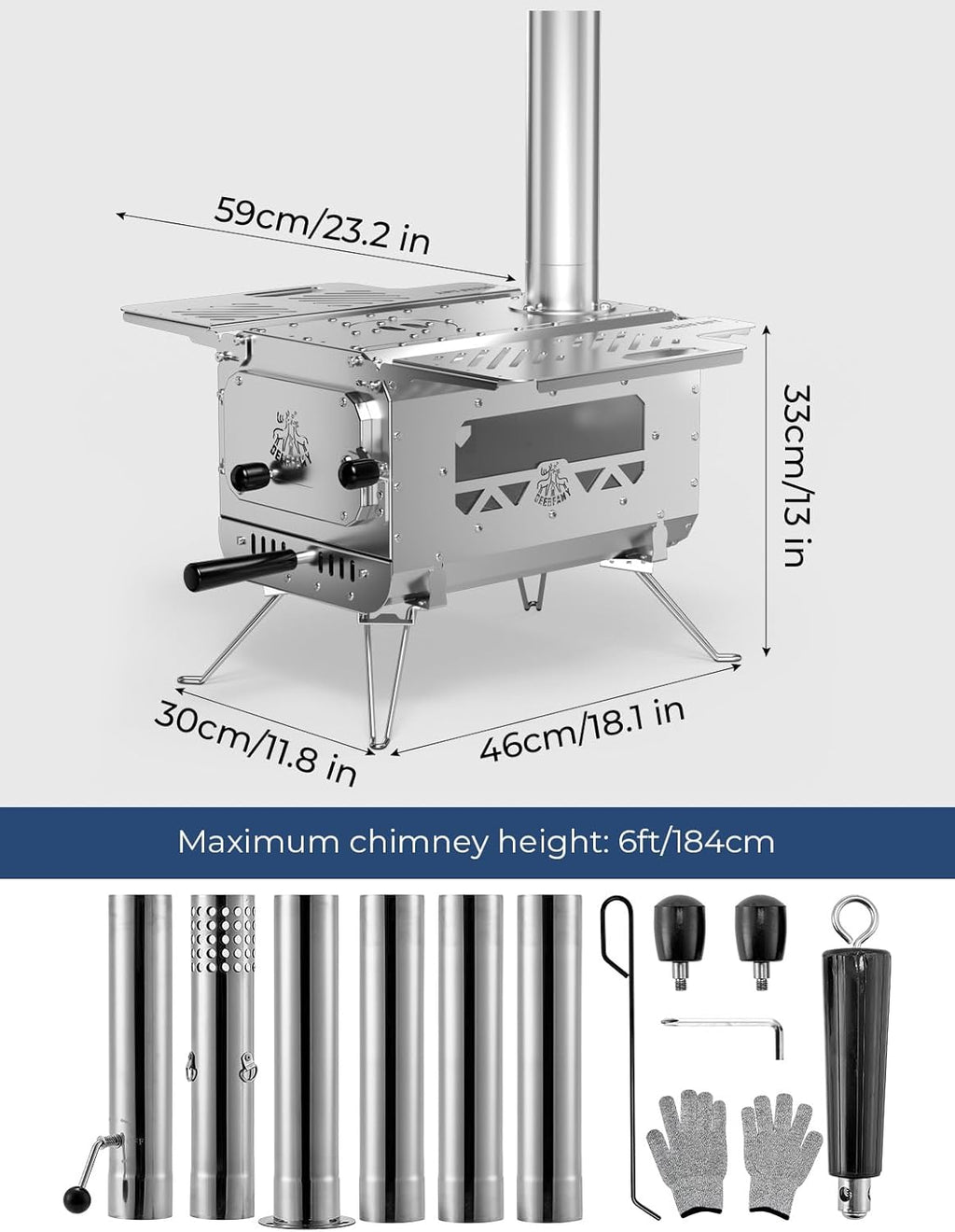 Portable Stainless Steel Tent Stove with 6 Chimney Pipes for Camping F848212