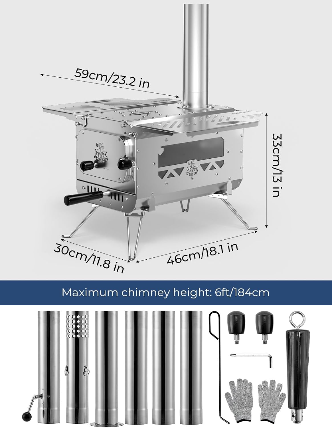 Portable Stainless Steel Tent Stove with 6 Chimney Pipes for Camping F848212