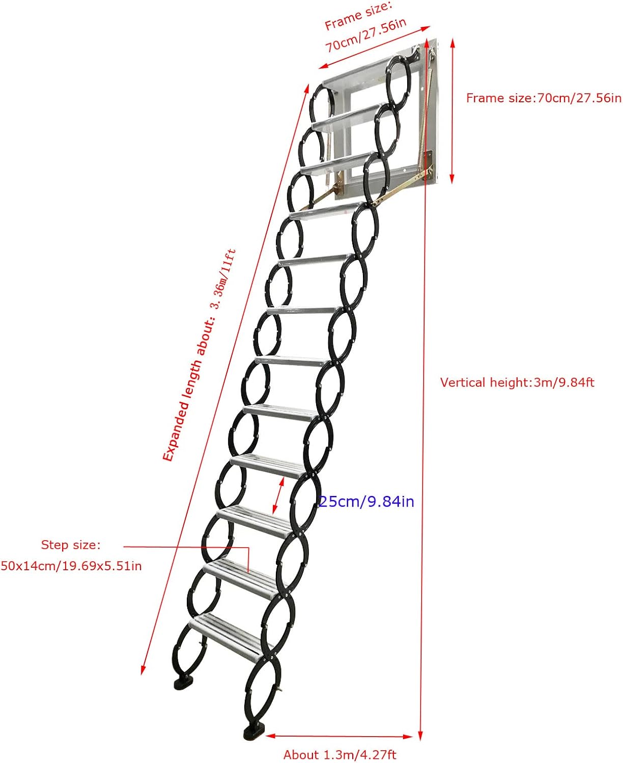 Attic Ladder Steps Pull Down 12 Steps, Wall-mounted Folding Stairs with Armrests, 9.8 ft Height T523752
