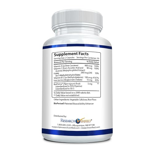Anemia Support Iron Supplement with Vitamins B12, C, A and Folate, 60 Capsules A691
