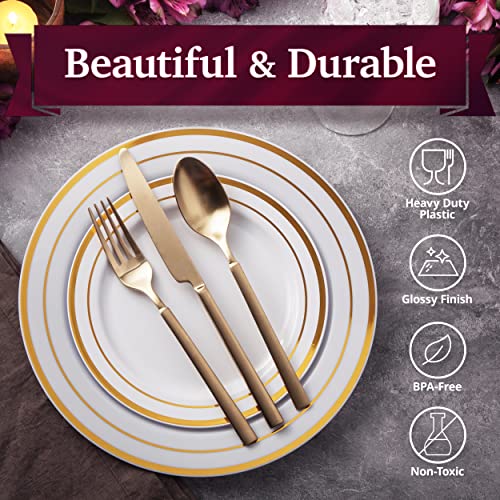 White Plastic Plates Disposable with Gold Trim, 50 Dinner Plates 10.25" + 50 Salad Plates 7.5" K987175