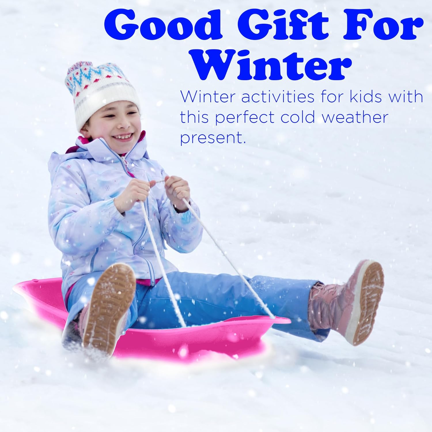 Plastic Toboggan Snow Sled for Kids with Pull Rope, Pink (3 Pack) I88453