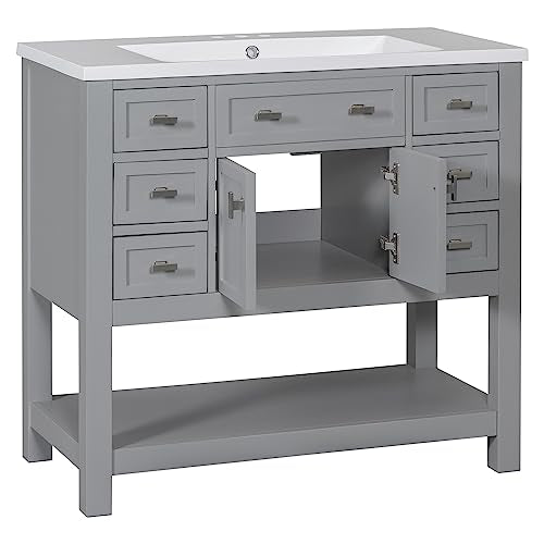 White Bathroom Vanity with Ceramic Vessel Sink and Storage O108