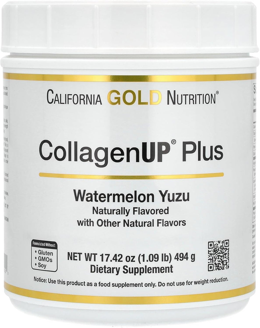 California Gold Nutrition CollagenUp Plus, Hydrolyzed Marine Collagen Peptides with Fiber and Essential Amino Acids, Watermelon Yuzu, 1.09 lb (494 g)