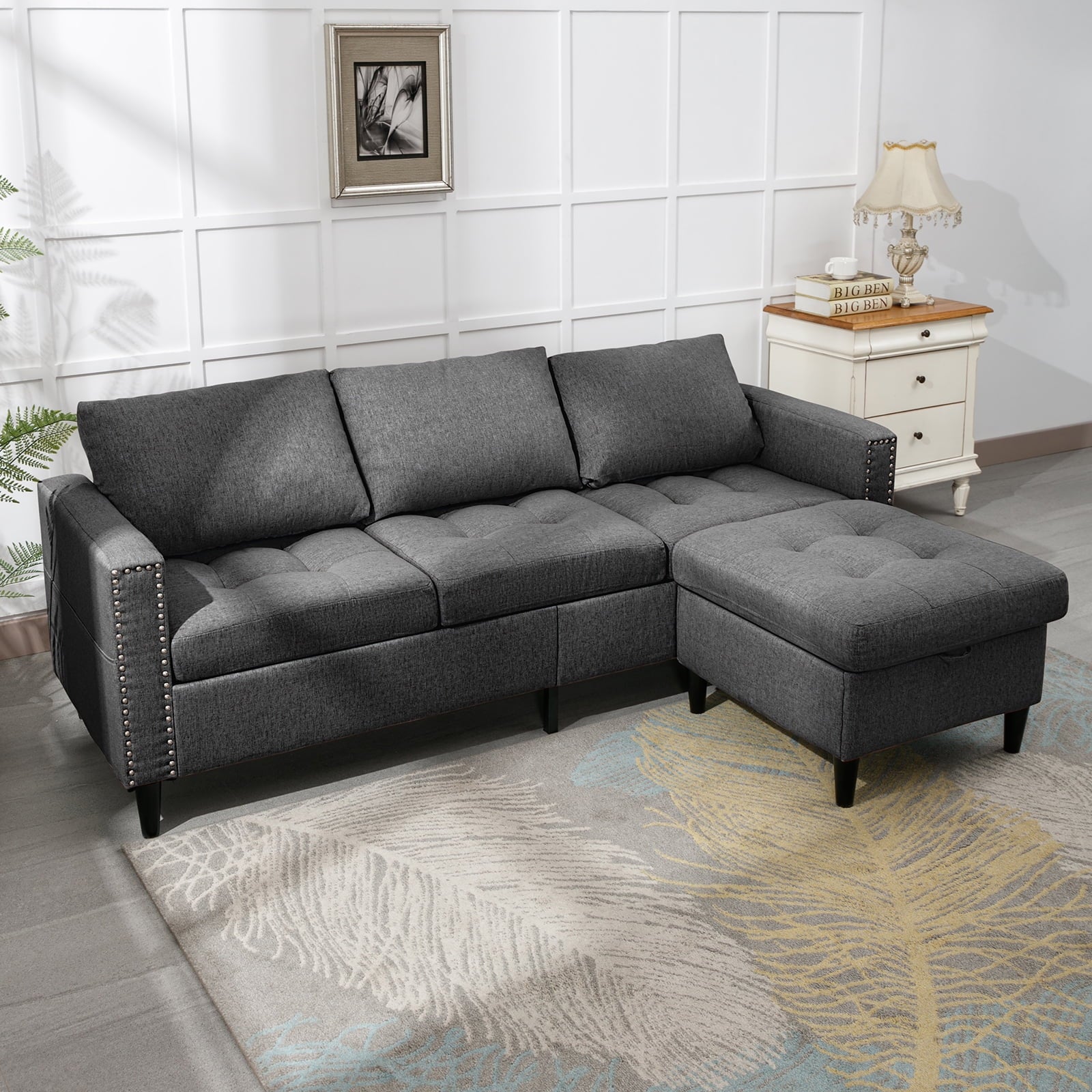Reversible Sectional Couch, 3 Seat L Shaped Modular Sleeper Sofa Bed with Storage Ottoman, Dark Grey A4441