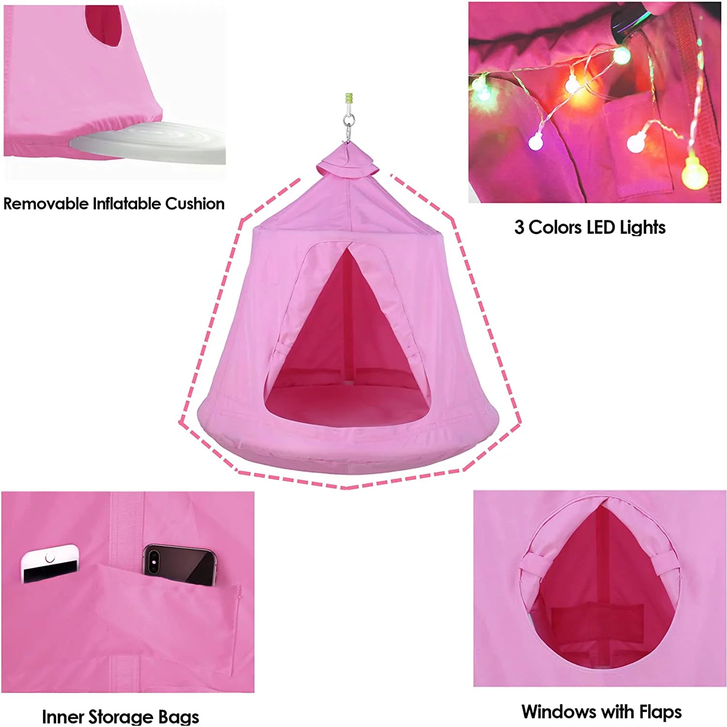 Hammock Chair Set with Steel Stand, Swing Tent, LED Lights, 330 lbs P1247