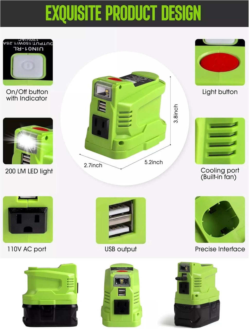 Portable Power Inverter for 18V Lithium Battery, USB Charger Adapter, 110V 120V O540985