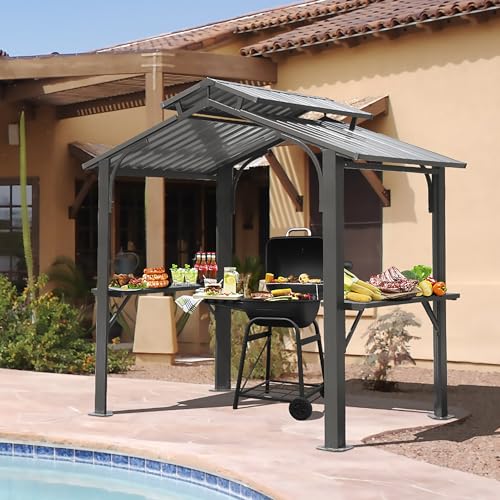 8x5FT Hardtop Grill Gazebo with 2 Side Shelves and Bottle Opener A955