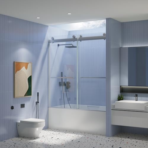Frameless Sliding Tub Door with Clear Tempered Glass, Brushed Nickel T2956
