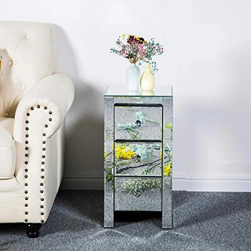 Mirrored Nightstand with 3 Drawers and Crystal-Style Knobs E928798