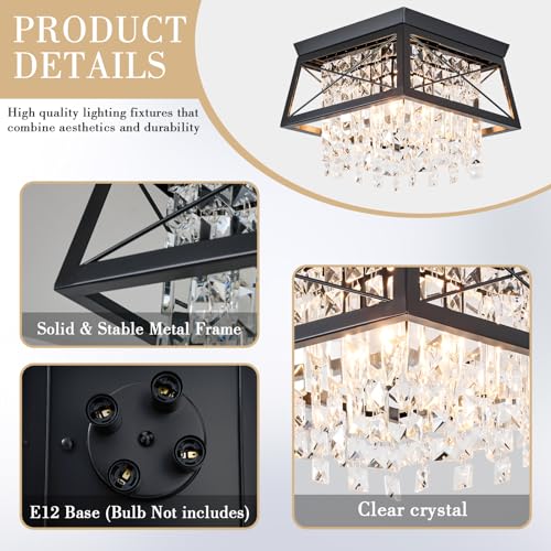 Crystal Flush Mount Ceiling Light, 11.8 inch 4-Light Black Farmhouse Metal Fixture Y816