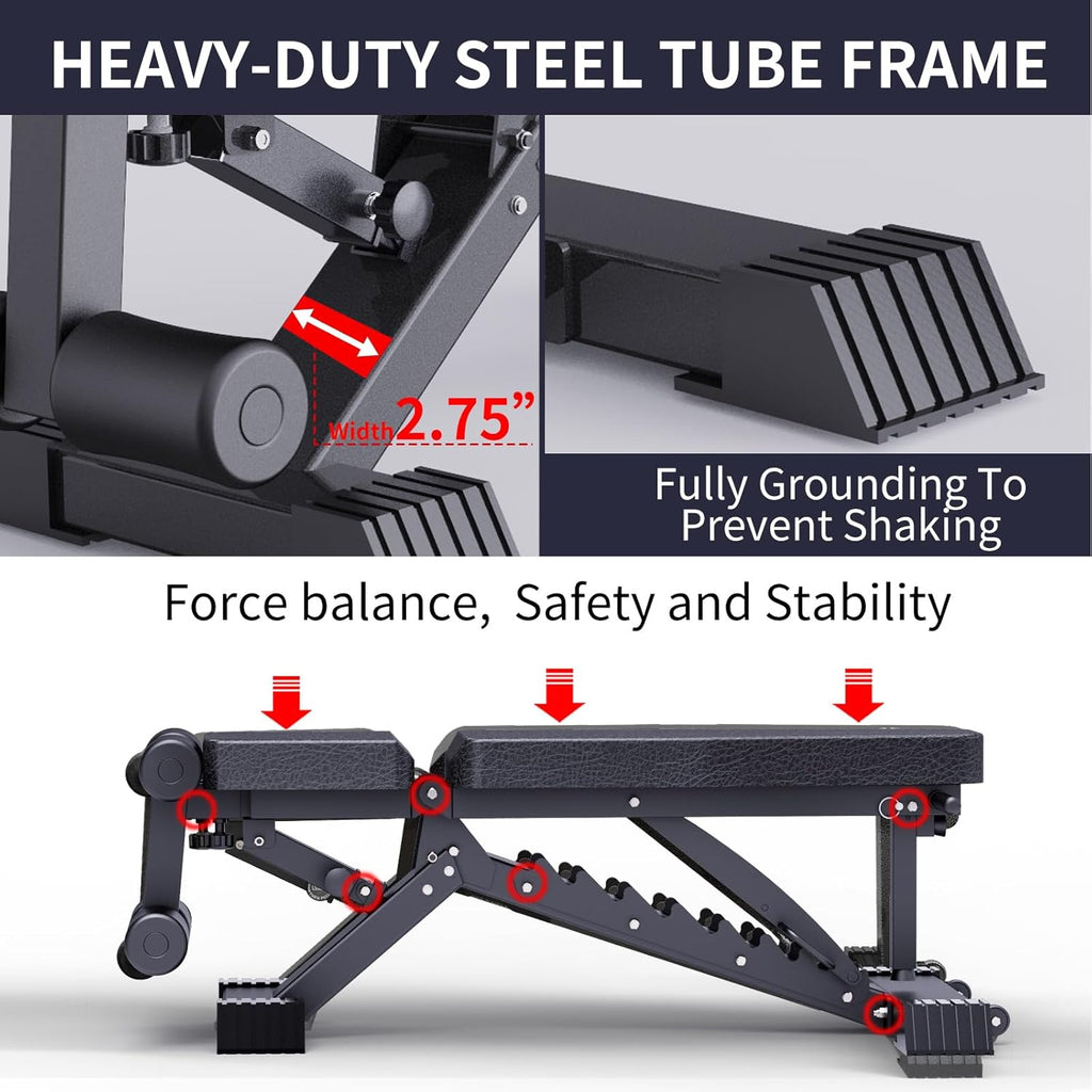 Adjustable Weight Bench, 1100 LB Capacity, Foldable Flat/Incline/Decline for Home Gym N45278