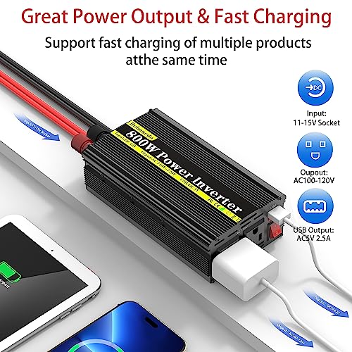 800W Car Power Inverter, DC 12V to 110V AC, 2 AC Outlets and USB Ports R9918
