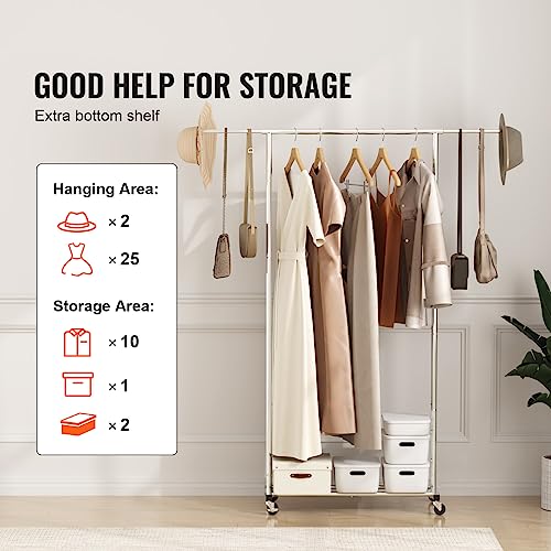 Heavy Duty Double Hanging Clothes Rack, Adjustable Height and Extendable Length with Bottom Storage R403