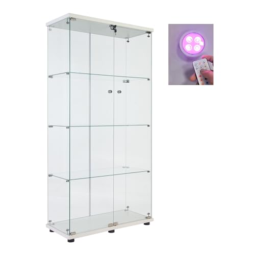 Glass Display Cabinet with Lock and Lights, 2 Doors, 4 Shelves, White M1785