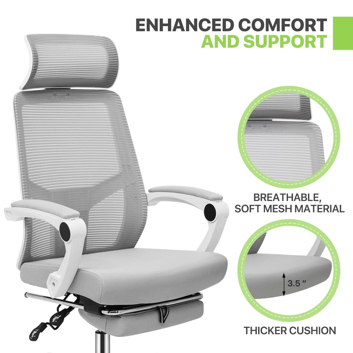 Ergonomic Office Executive Chair with Headrest and Footrest, Grey R3223