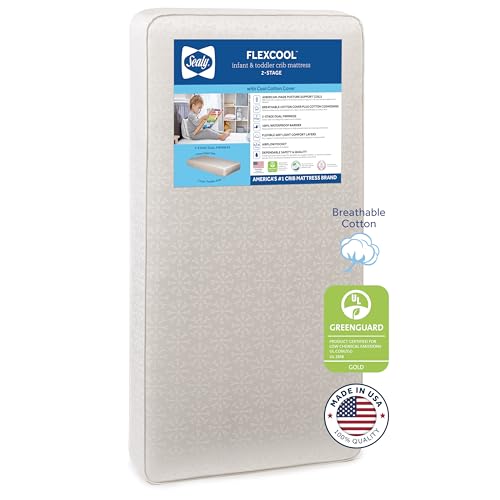 Sealy Flex Cool Breathable Hypoallergenic 2-Stage Dual Firm Waterproof Baby Crib Mattress & Toddler Bed Mattress, Cotton Cover, 204 Premium Coils, Air Quality Certified, Made in USA, 52"x28"