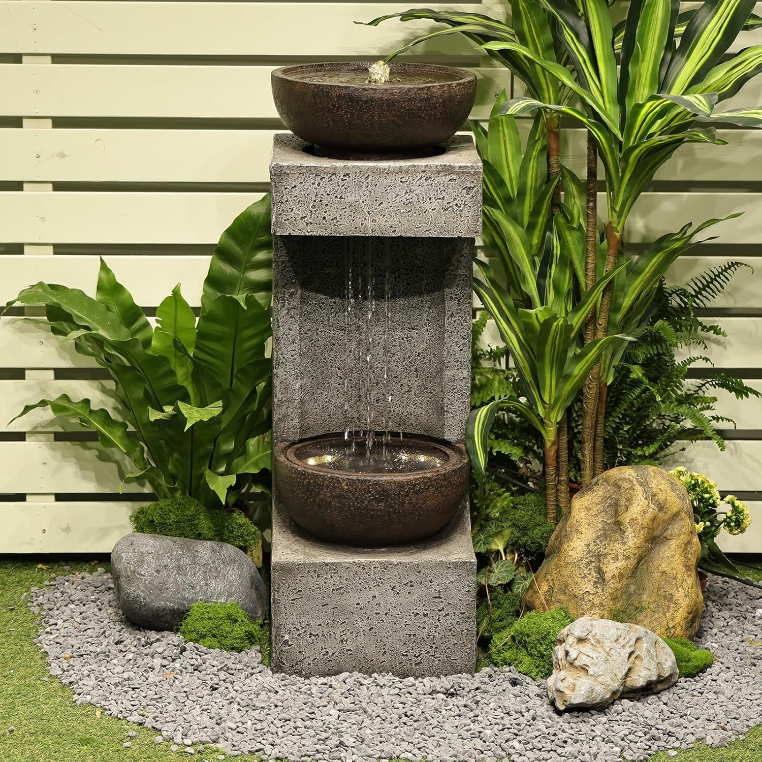 Outdoor Garden Water Fountain with Lights and Stone Planter K71660