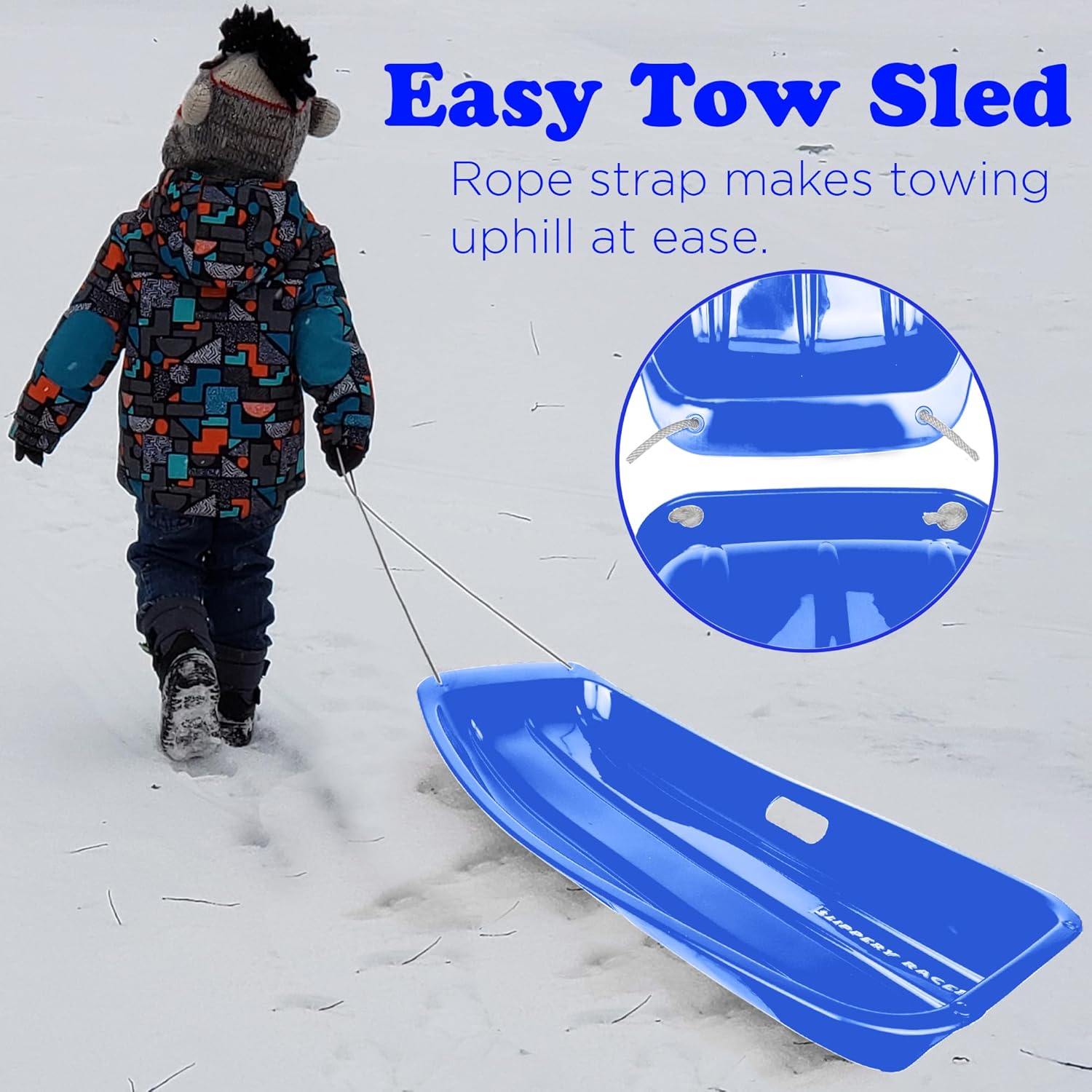 Plastic Toboggan Snow Sled with Handles and Pull Rope, Blue (3 Pack) P206